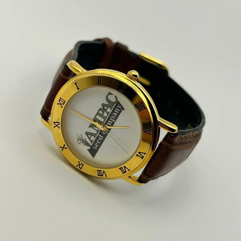 Ampac Seed Company Gold-tone Bezel Brown Leather Watch Working New Battery